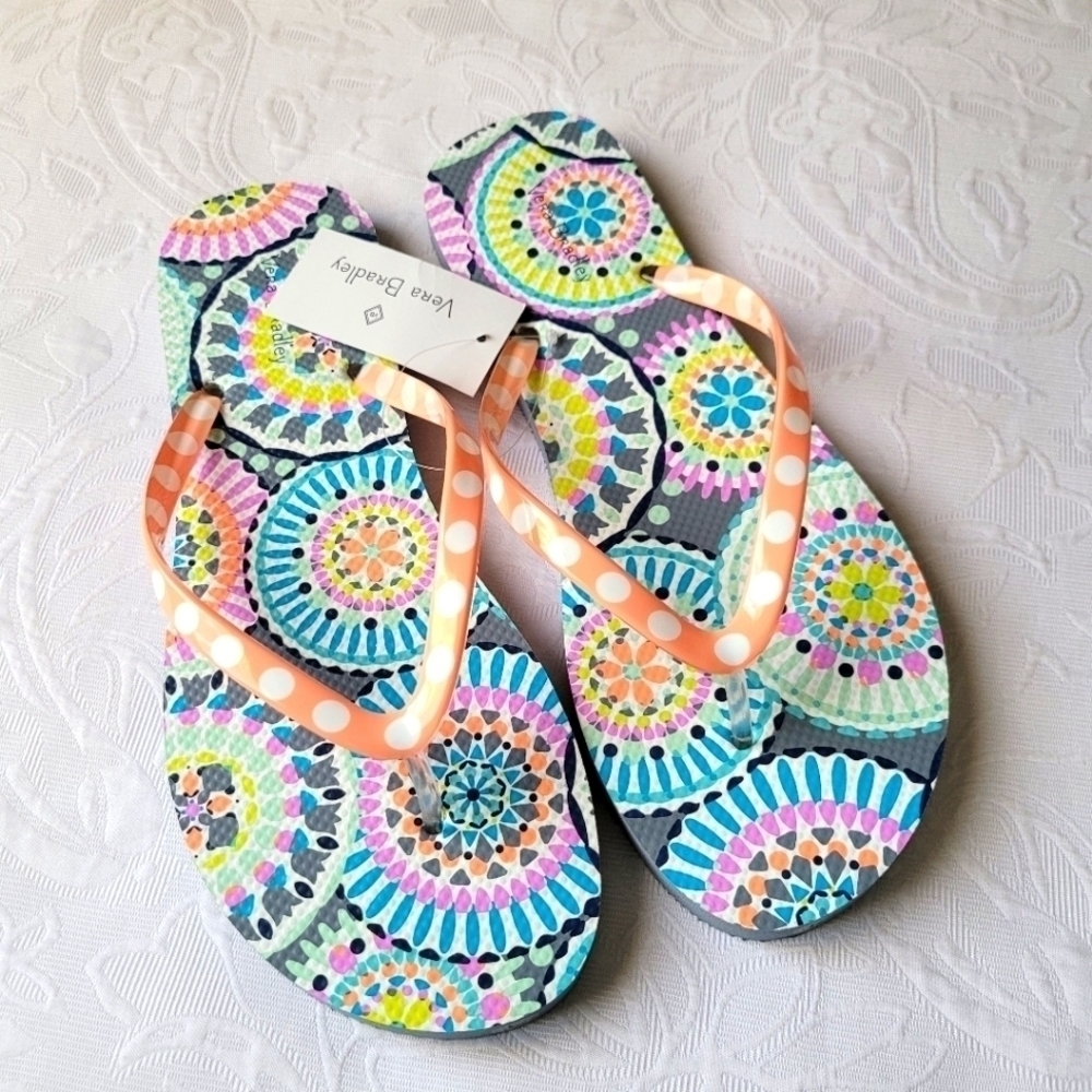 Vera Bradley Sunny Medallion Flip Flop Sandals Gray Orange